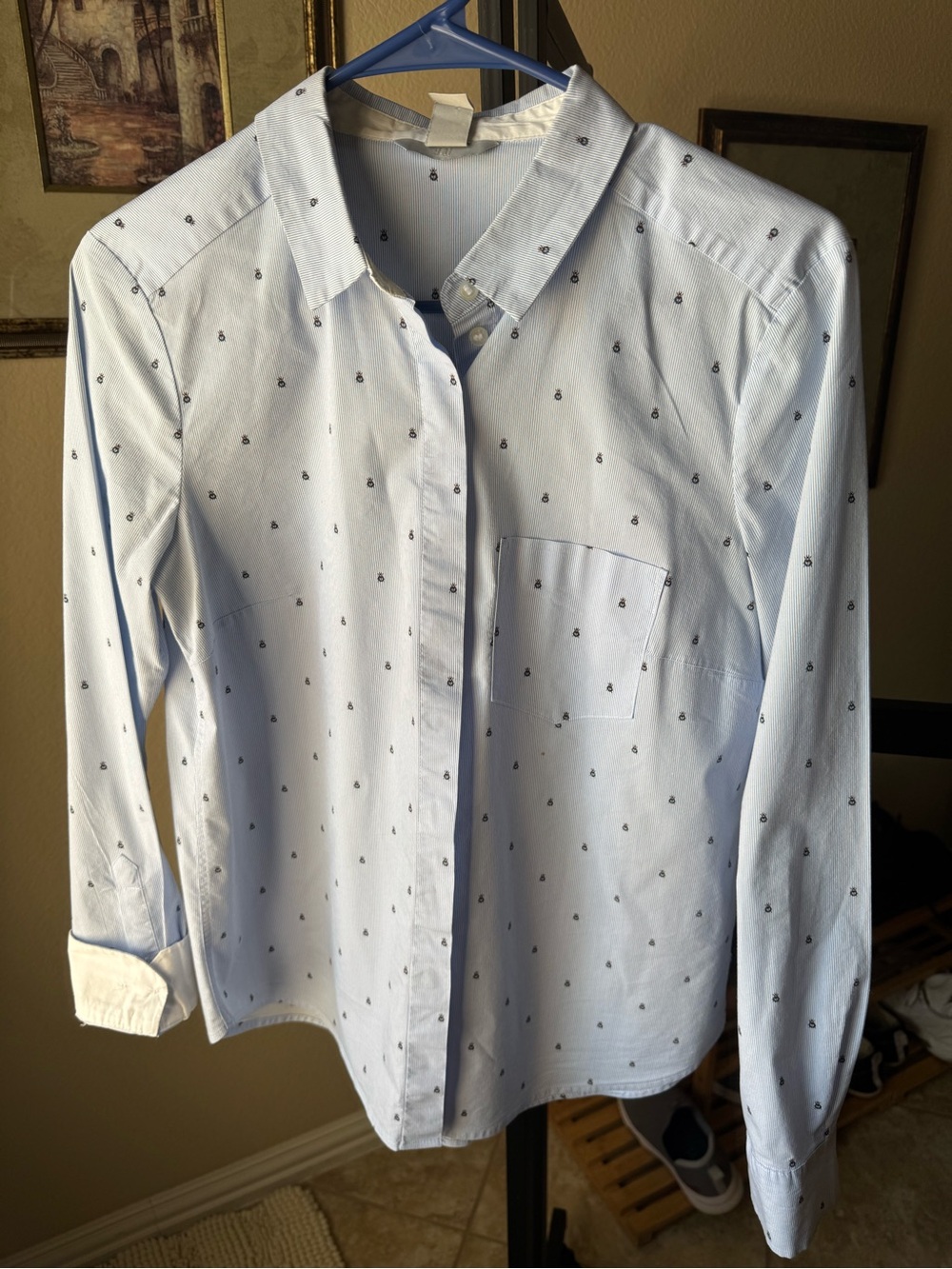 H&M Light Blue Button-Down Shirt with Navy beetle Print